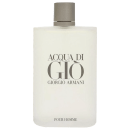 Frasco retangular de vidro fosco branco com tampa cilíndrica cinza. Rótulo com o nome do perfume "Acqua di Gio" em letras cinza escuro e "Giorgio Armani" abaixo em letras menores. Na parte inferior, a inscrição "Pour Homme" .