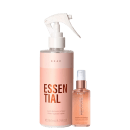 Este é um conjunto de dois produtos para o cabelo da Braé Hair Care. Inclui um spray de reparação capilar e um óleo de brilho para cabelos danificados.