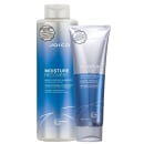Joico Moisture Recovery Moisturizing Shampoo em frasco branco e azul, acompanhado do Bálsamo de Tratamento Moisture Recovery em tubo prateado.