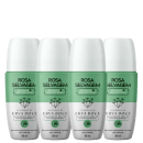 Quatro frascos de desodorante antitranspirante da marca Rosa Selvagem, com fragrância de erva-doce. Os frascos possuem rótulos verdes com o nome da marca e informações sobre o produto.