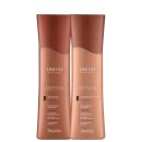 Dois frascos de shampoo e condicionador da linha Marula da Amend Expertise, com embalagens em tons de marrom e laranja, exibindo o nome da marca e do produto.