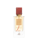 Frasco de perfume Lattafa Perfumes Ana Abiyedh Rouge, com embalagem retangular vermelha e dourada, contendo líquido claro. Rótulo com texto em árabe e inglês.