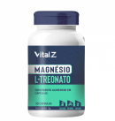 Suplemento alimentar em cápsulas de magnésio L-treonato da marca Vital Z, em embalagem plástica branca com tampa azul escura e rótulo com informações do produto.