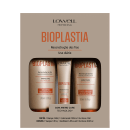 Conjunto de produtos Bioplastia da marca Lowell Professional, contendo shampoo reconstrutor de 240ml, condicionador reconstrutor de 200ml e máscara capilar de 25ml, com tecnologia Amino Care.