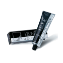 Produto de coloração capilar da marca Keune. Tubo plástico preto com rótulo branco contendo o nome "Keune" e "Tinta Color". Caixa retangular preta com detalhes geométricos brancos e o texto "Tinta Color" impresso.