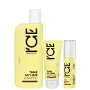 Conjunto de produtos de cabelo da marca Ice Professional, incluindo shampoo, máscara e óleo, em embalagens amarelas e brancas com texto preto destacado.