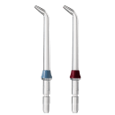 Dois irrigadores orais Waterpik com hastes metálicas curvas e ponteiras coloridas (azul e vermelho), projetados para limpeza e massagem gengival.