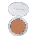 Compacto de maquiagem redondo em embalagem transparente com logotipo da marca "Shiseido" impresso. Produto de cor laranja-acastanhada, provavelmente um pó compacto ou blush.