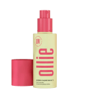 Frasco de spray de protetor capilar da marca Ollie, com embalagem amarela e rosa, contendo texto informativo sobre o produto e a indicação de proteção UV.
