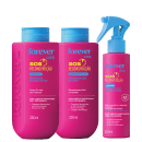 Conjunto de produtos de reconstrução capilar da linha Forever Liss, composto por shampoo, condicionador e leave-in em embalagens rosa e azul, com informações sobre os ingredientes e benefícios.