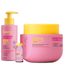 Produtos de beleza da marca Forever Liss, incluindo um frasco de leave-in hidratante, um pote de máscara hidratante e uma ampola de tratamento capilar, todos em cores rosa e amarela.
