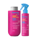 Dois produtos da linha Forever Liss: uma máscara reconstrutora de cabelos em embalagem rosa e um leave-in reconstrutor em embalagem rosa e azul, ambos com rótulos indicando a função "SOS Reconstrução".