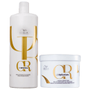 Frasco branco e dourado de shampoo revelador de luminosidade. Um pote branco e dourado de máscara potencializadora de luminosidade.