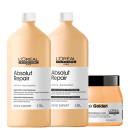 A imagem mostra dois frascos de plástico cilíndrico de 1,5 litros e um frasco redondo de 500ml, da linha Absolut Repair da L'Oréal Professionnel, de cor bege com rótulo branco.
