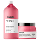 Shampoo 1,5L em frasco cilíndrico e máscara 500g em pote redondo. Ambos em plástico na cor vermelha.