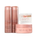 A imagem mostra uma linha de produtos para cabelos danificados da marca Brae. Há dois frascos de Shampoo e Condicionador reconstrutores. Também há uma embalagem retangular com o rótulo "Cronograma Capilar Repair" e uma máscara capilar Revival.