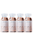 São quatro frascos pequenos de vidro transparente contendo um líquido rosa claro. Os frascos têm tampas brancas e estão rotulados com o nome "BRAÉ Revival Power Dose Instant Treatment".