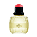 Frasco de perfume Yves Saint Laurent Paris com tampa vermelha redonda e corpo preto, contendo um líquido amarelado. O rótulo em dourado destaca o nome da marca e da cidade de Paris.