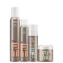 A imagem mostra 4 produtos de Wella Professionals da linha EIMI. São 3 frascos cilíndricos em spray e um pote redondo, todos na cor marrom.