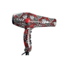 Secador de cabelos da marca Lizz Professional. Ele possui uma carcaça preta com um padrão de corações vermelhos e brancos espalhados por toda a superfície, além da palavra "Love" impressa em destaque