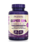 Suplemento alimentar Sanavita Super EPA Omega 3, frasco roxo com rótulo destacando a alta pureza e concentração de EPA 990mg e DHA 660mg.