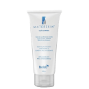 Loção corporal Materskin em embalagem branca com rótulo azul, contendo óleos de amêndoas, macadâmia e calêndula, promovendo hidratação intensiva e suavidade da pele da gestante.