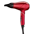 Secador de cabelo vermelho da Conair, com design compacto e ergonômico, apresentando controles e bocal pretos. O produto possui acabamento brilhante e destaca-se pela sua cor vibrante.