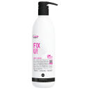 Produto de cuidado capilar da marca Curly Care. Frasco plástico branco com tampa preta. Rótulo com o nome "Fix U!" em letras grandes e rosa, e "gel creme" em letras menores abaixo.