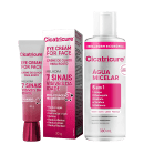 Cicatricure Eye Cream for Face em tubo de 30g e Água Micelar Cicatricure 5 em 1 em frasco de 380ml, ambos com embalagens em tons de rosa e branco, destacando os benefícios dos produtos.