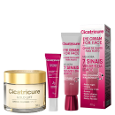 Produtos Cicatricure: creme diurno Gold Lift FPS 30 em embalagem dourada, contorno de olhos e creme para o rosto em embalagens rosa, destacando benefícios como redução de rugas e uniformização do tom da pele.
