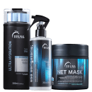 Kit com 3 produtos de TRUSS. Um frasco grande de shampoo, um frasco de uso obrigatório spray e um pote redondo de máscara capilar.