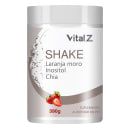 Shake da Vital Z com laranja, moro, inositol e chia em embalagem branca com detalhes em cinza e imagem de morango. Suplemento alimentar em pó com 390g.