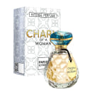 Frasco de perfume "Charm of a Woman" da Paris Elysees, com embalagem decorada em tons de cinza e dourado, contendo um líquido dourado em seu interior.