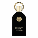 Frasco de perfume preto da marca Philos, com anel dourado e detalhe dourado no centro. Rótulo com o nome "Opus Noir" em letras brancas.