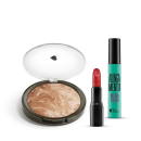 Kit Pó Iluminador Marmorizado + Máscara de cílios Escândalo Preti Alongamento + Batom Mate Vermelhíssimo
