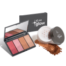 Paleta de sombras e pó iluminador da marca Tô no Glow, em embalagem preta com logotipo. Contém sombras em tons de rosa e laranja, além de um pó iluminador em recipiente separado.