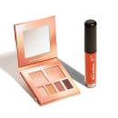 Paleta de sombras e gloss labial da marca Quem Disse, Berenice? em embalagem de tons rosados e detalhes em preto. A paleta contém diferentes tons de sombras neutras e o gloss possui acabamento brilhante.