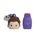Batom com embalagem roxa e tampa em formato de boneco com um desenho de dinossauro.