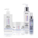 Os itens incluem um shampoo, uma máscara capilar, um sérum e um  leave-in, todos pertencentes à linha Hydra Glow. As embalagens são predominantemente brancas com detalhes em azul.