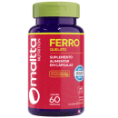 O produto é um suplemento alimentar em cápsulas da marca Maltta Nutrition, chamado Ferro Quelato. A embalagem é um frasco roxo e verde com rótulo informativo sobre o conteúdo e benefícios do produto.