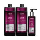Três produtos da linha Truss Professional Color Shield: shampoo, condicionador e booster capilar em embalagens pretas e roxas, com rótulos indicando proteção de cor e tecnologia Chroma Shield.