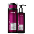 Embalagem e frasco de item da marca TRUSS, com textos "TRUSS PROFESSIONAL", "COLOR SHIELD", "SHAMPOO" e "LEAVE IN" em fundo rosa escuro.