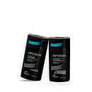 A imagem mostra produtos da linha Infusion da marca TRUSS. São shampoo e condicionador na cor preta, com detalhes em cinza e azul claro. Abaixo, há descrições como "Shampoo Base Vegana" e "Condicionador 100% Base Vegana"