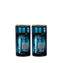 A imagem mostra shampoo e condicionador da linha Uso Obrigatório da marca TRUSS. Os frascos são feitos de plástico preto e os rótulos são azuis escuros com detalhes em branco.