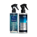 Dois produtos da marca TRUSS: Máscara Líquida Frizz Zer, um frasco transparente com um líquido azul-esverdeado e o spray Uso Obrigatório com embalagem azul com detalhes em preto e prata.