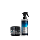 Dois produtos da marca TRUSS: um frasco spray de 260ml com rótulo azul, e um pote preto de máscara capilar. Ambos apresentam design moderno e minimalista, com informações sobre os benefícios e aplicação dos produtos.