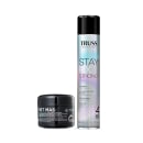 Dois produtos da marca Truss: um frasco preto de máscara capilar "Net Mask" e um spray preto e azul "Stay Fix Strong" para fixação e brilho dos cabelos.