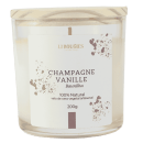 Vela de cera vegetal LIBOUGIES, com o aroma de "Champagne Vanille". A embalagem é um recipiente de vidro transparente com rótulo branco e detalhes em marrom. O rótulo contém informações incluindo o nome, a composição 100% natural e o peso de 200g.