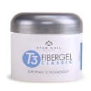 Gel de fibra chamado "T3 Fibergel Classic". A embalagem é um pote branco com uma tampa metálica cinza. O rótulo do produto exibe o nome da marca, o nome do produto e a tecnologia "European T3 Technology" em destaque.