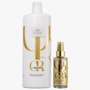 Dois produtos da linha Wella Professionals Oil Reflections: um frasco branco com detalhes dourados contendo shampoo e um frasco dourado com spray para cabelos.